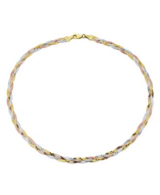 Flat Yellow Rose Gold Overlay Sterling Silver 5mm Twist 3 Tri Tone Herringbone Braided Magic Snake Chain Necklace