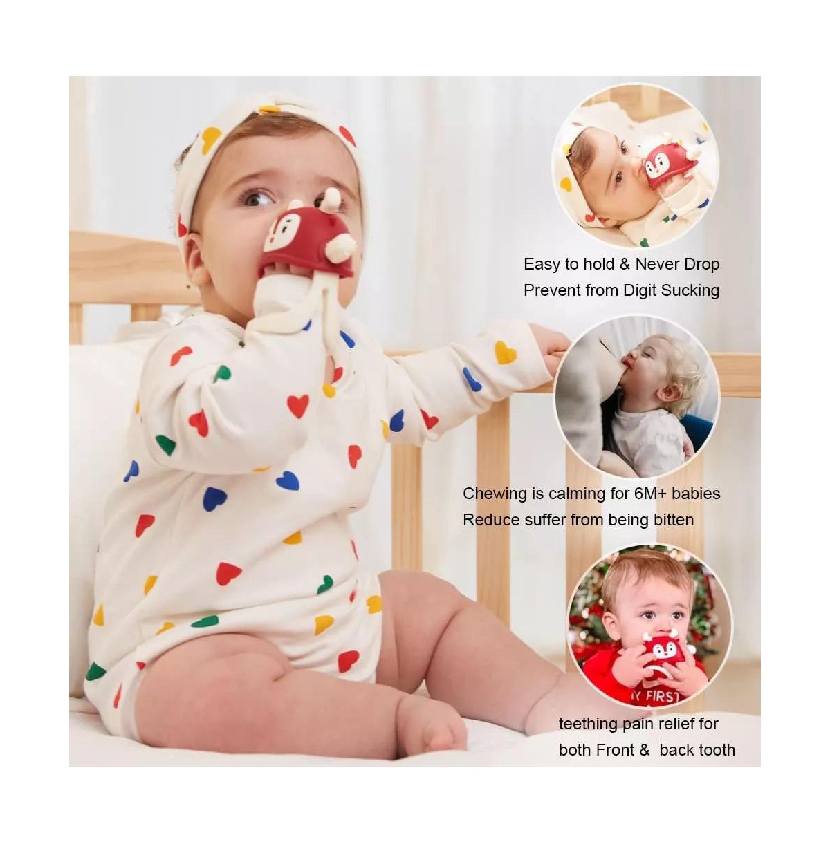 Smily Mia 1 Reindeer & Penguin Baby Teething Toy Set for Infants 3 Months Plus, Soothing Wearable Baby Chew Toy Sucking Needs - Light Pink