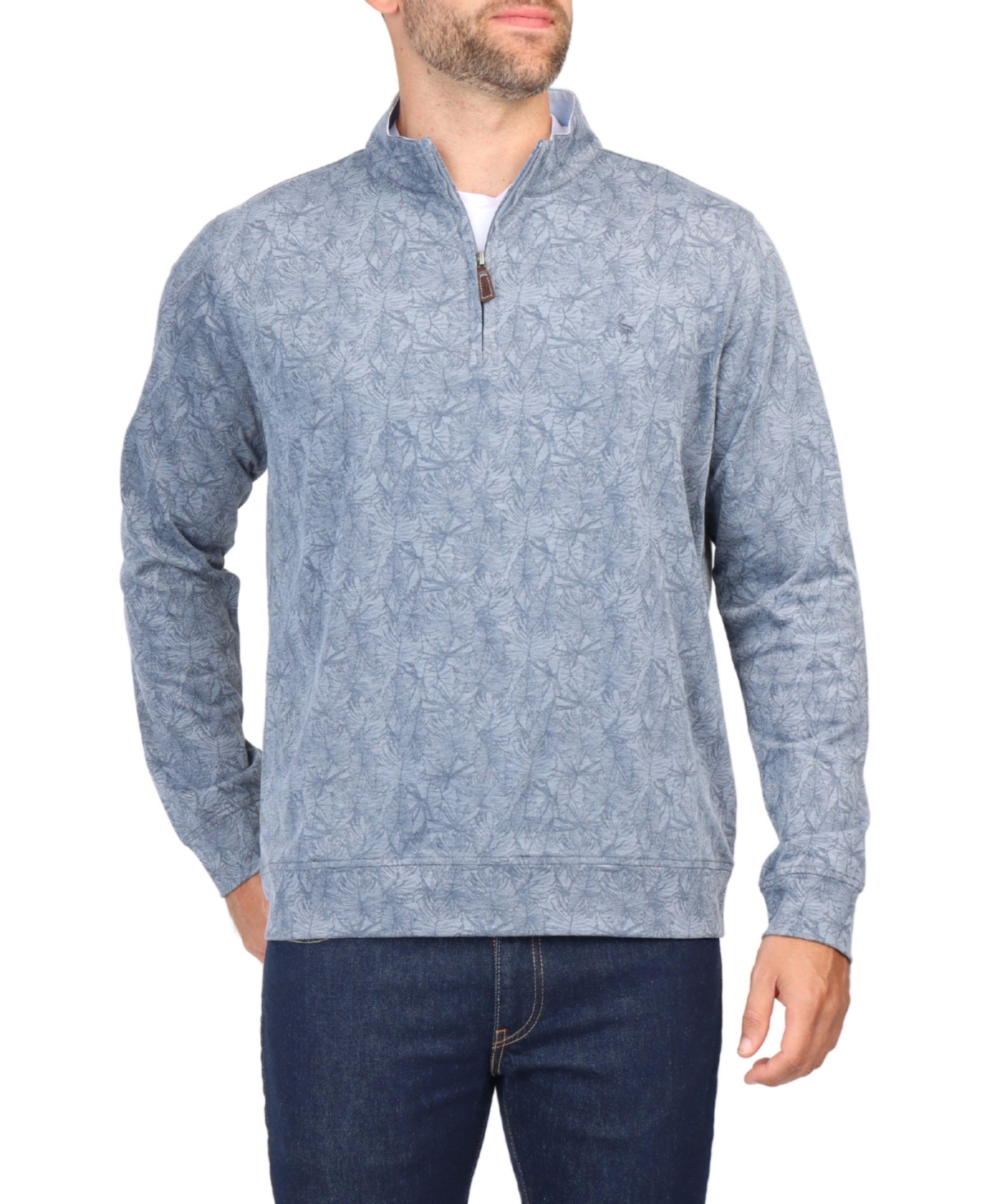 Men's Tonal Tropical Print Pique Quarter Zip - Navy