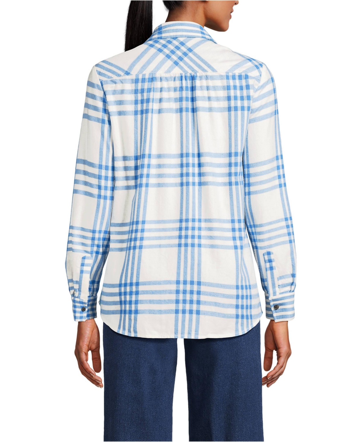 Lands' End Women's Tall Flannel Boyfriend Fit Sleeve Shirt -vista blue plaid