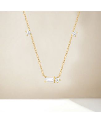 18K Gold Plated Sterling Silver Necklace with Three Round Cut and One Emerald Cut Cubic Zirconia Stones