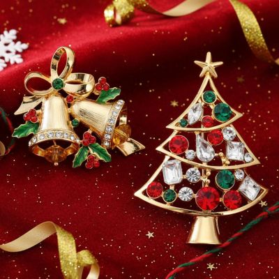 Set of 2 Large Colorful Crystal Christmas Tree and Bells Brooch Pin Gold Plated