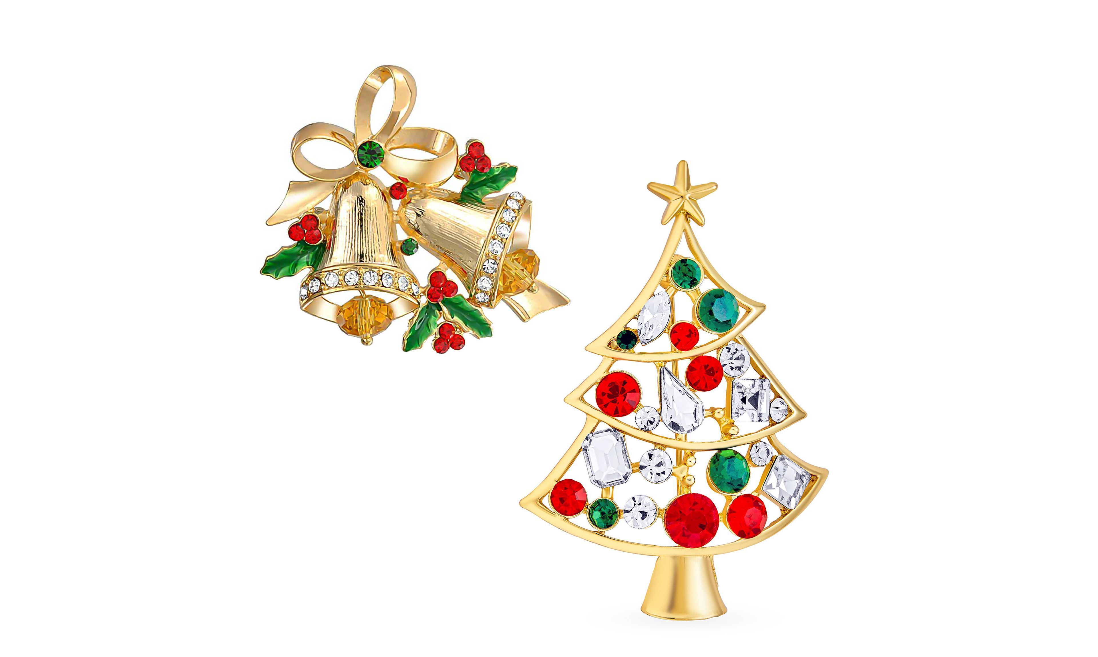 Bling Jewelry Set of 2 Large Colorful Crystal Christmas Tree and Bells Brooch Pin Gold Plated
