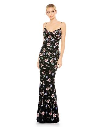 green emerald velvet dress Mac Duggal Women's Sheer Top Embellished Mermaid Gown