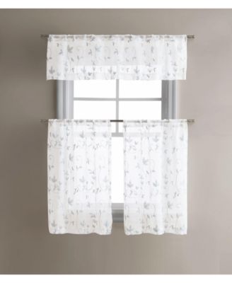 Floral Embroidered Sheer Rod Pocket Kitchen Curtain Tier & Valance Set - 58 in. W x 15 in. L, Aqua