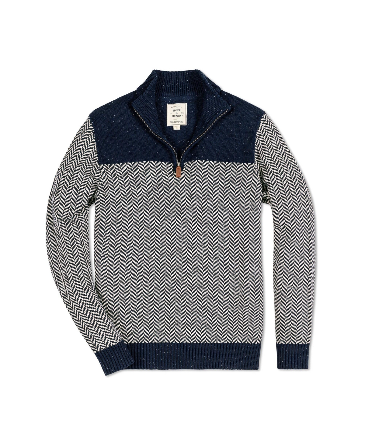 Hope & Henry Men's Half Zip Pullover Sweater - Navy and white herringbone