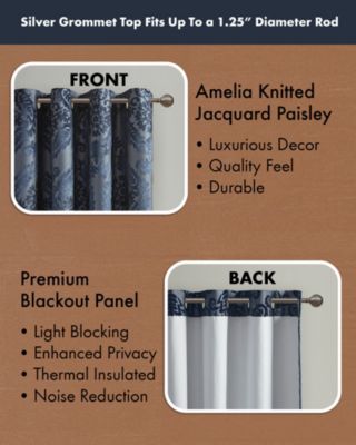 Amelia Knitted Jacquard Paisley Total Blackout Grommet Top Curtain Panel, Single Curtain with Privacy Lining for Bedroom and Living Room, Width 50 length 108 inches, Navy Window Panel