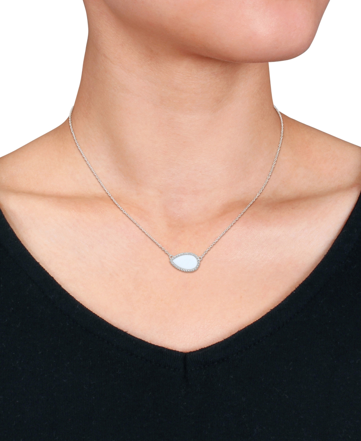 Macy's Black Agate Pear Bead Frame 17" Pendant Necklace In Sterling Silver (also In White Agate, Malachite, In White Agate