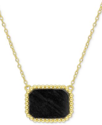Black Agate Bead-Framed Rectangular 17" Pendant Necklace in Sterling Silver (Also in Hematite, Lapis, or Tiger Eye)