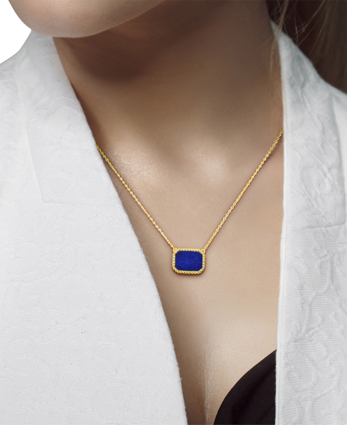 Macy's Black Agate Bead-framed Rectangular 17" Pendant Necklace In Sterling Silver (also In Hematite, Lapis In Lapis