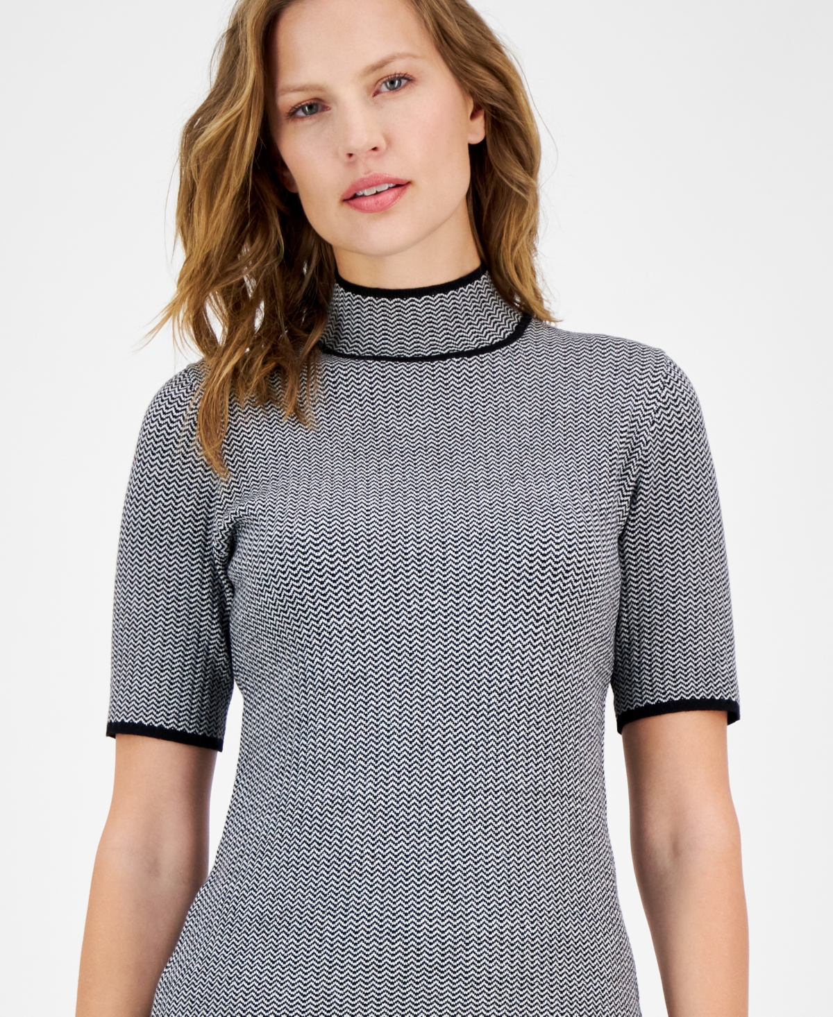 Anne Klein Women's Printed Mock-Neck Short-Sleeve Sweater -white