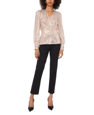 Women's Sequined Faux-Wrap Long-Sleeve Top