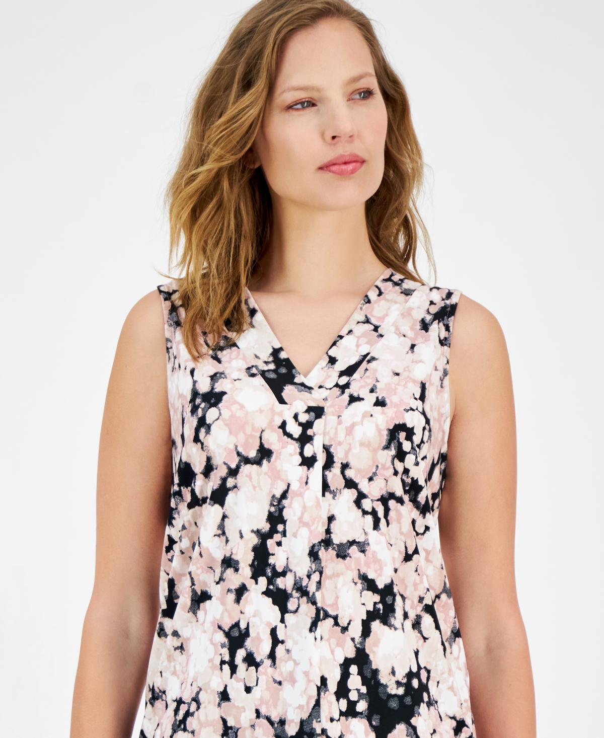 Anne Klein Women's Printed Sleeveless V-Neck Shell Top -Pink Blush
