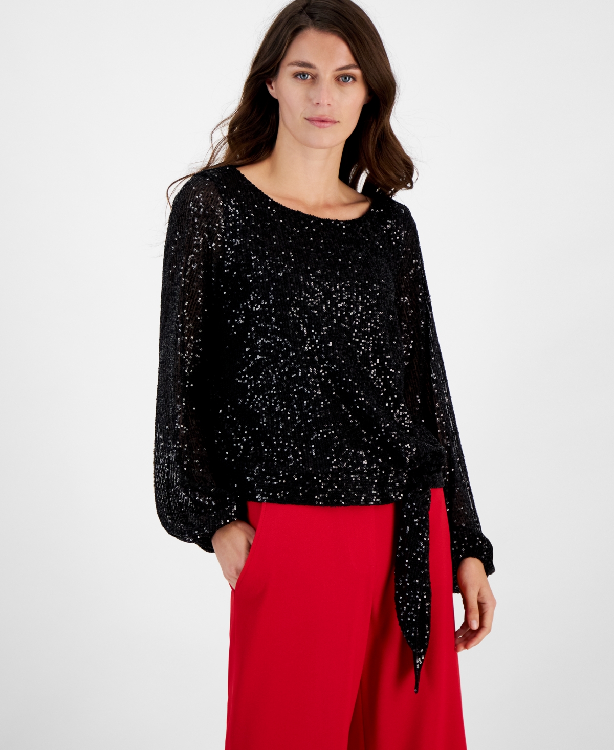 Tahari Asl Sequin Bow Hem Top In Black
