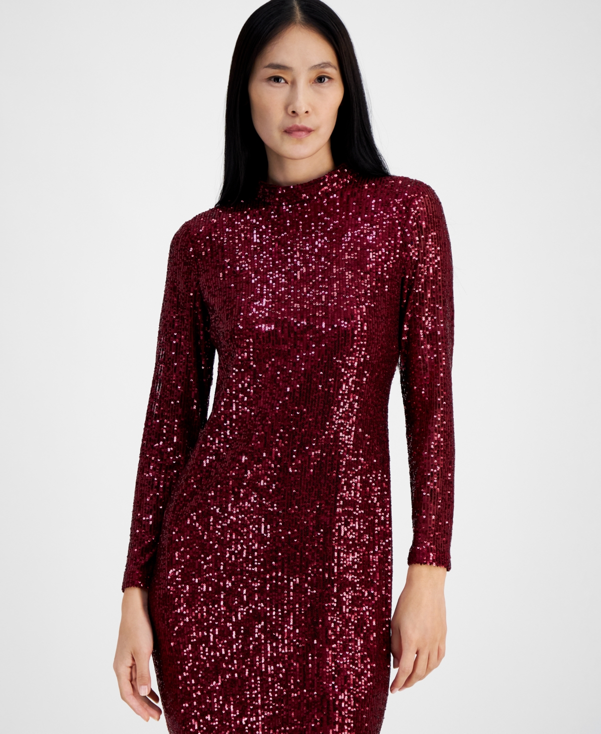 ANNE KLEIN WOMEN'S MOCK-NECK SEQUIN MIDI DRESS 