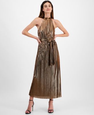 Women's Metallic Mock Neck Halter Dress