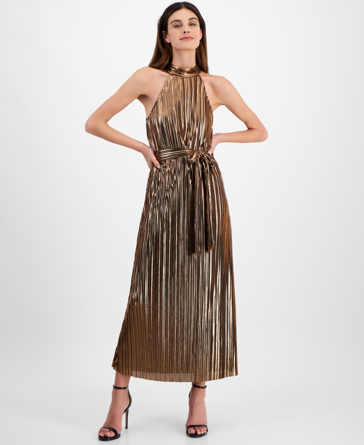 Shop Anne Klein Women's Metallic Mock Neck Halter Dress In Beige