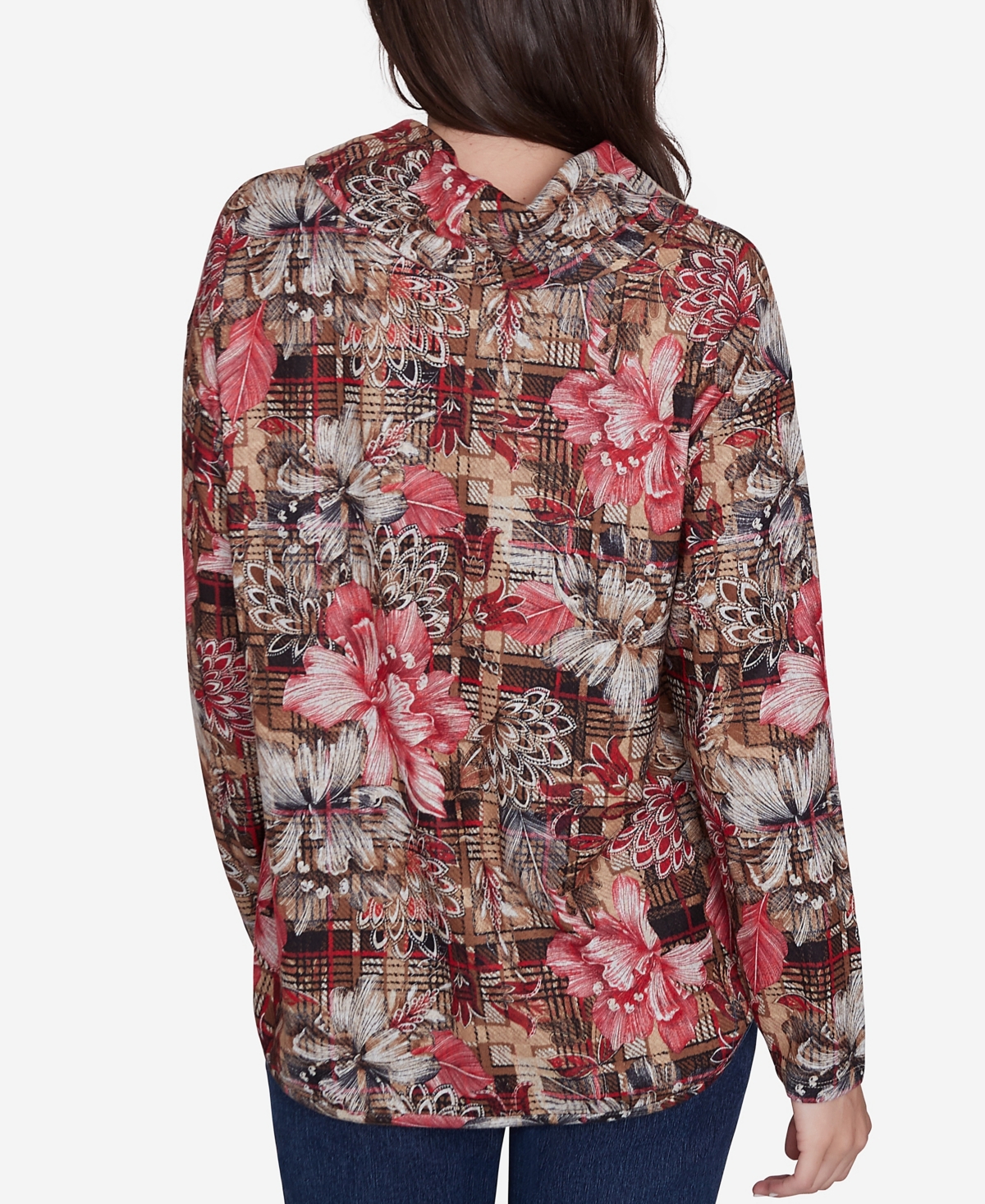 Ruby Rd. Petite Cowl Neck Floral Plaid Printed Hatchi Knit