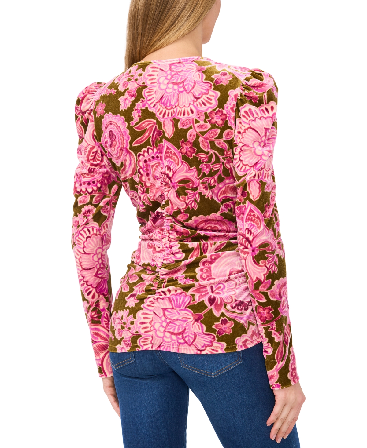 CeCe Women's Velvet Floral-Print Ruched Top