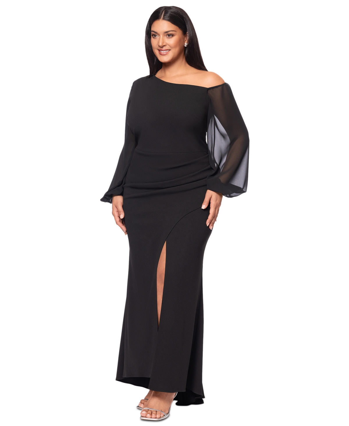 Betsy & Adam Plus Size Asymmetric Long-sleeve Gown In Black