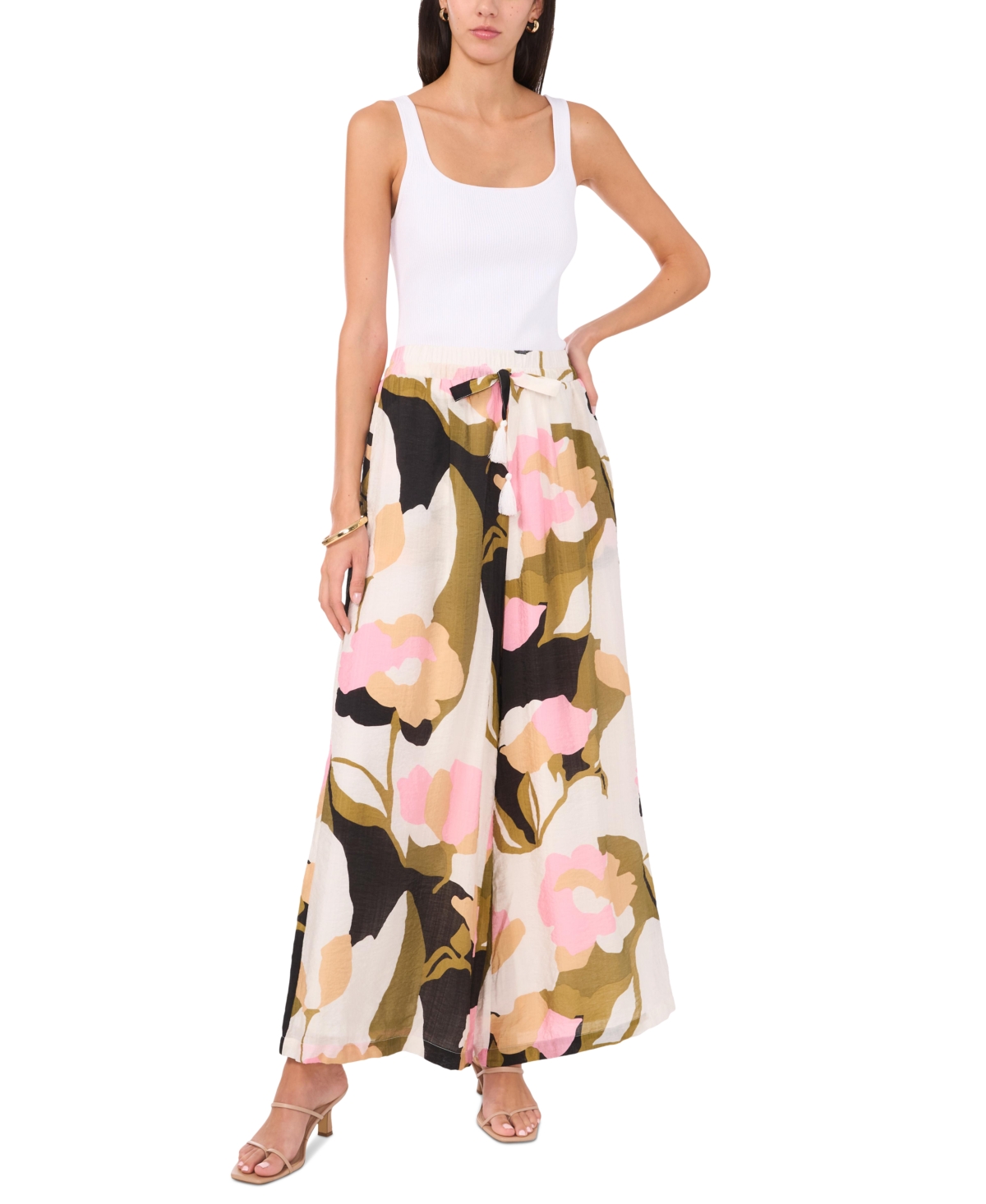 Vince Camuto Women's Linen-Blend Floral-Print Wide-Leg Pull-On Pants