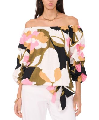 Vince Camuto Women&rsquo;s Printed Linen-Blend Off The Shoulder Bubble 