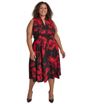 Calvin Klein Plus Size Printed Split Neck Sleeveless Dress Black Red Size 16W