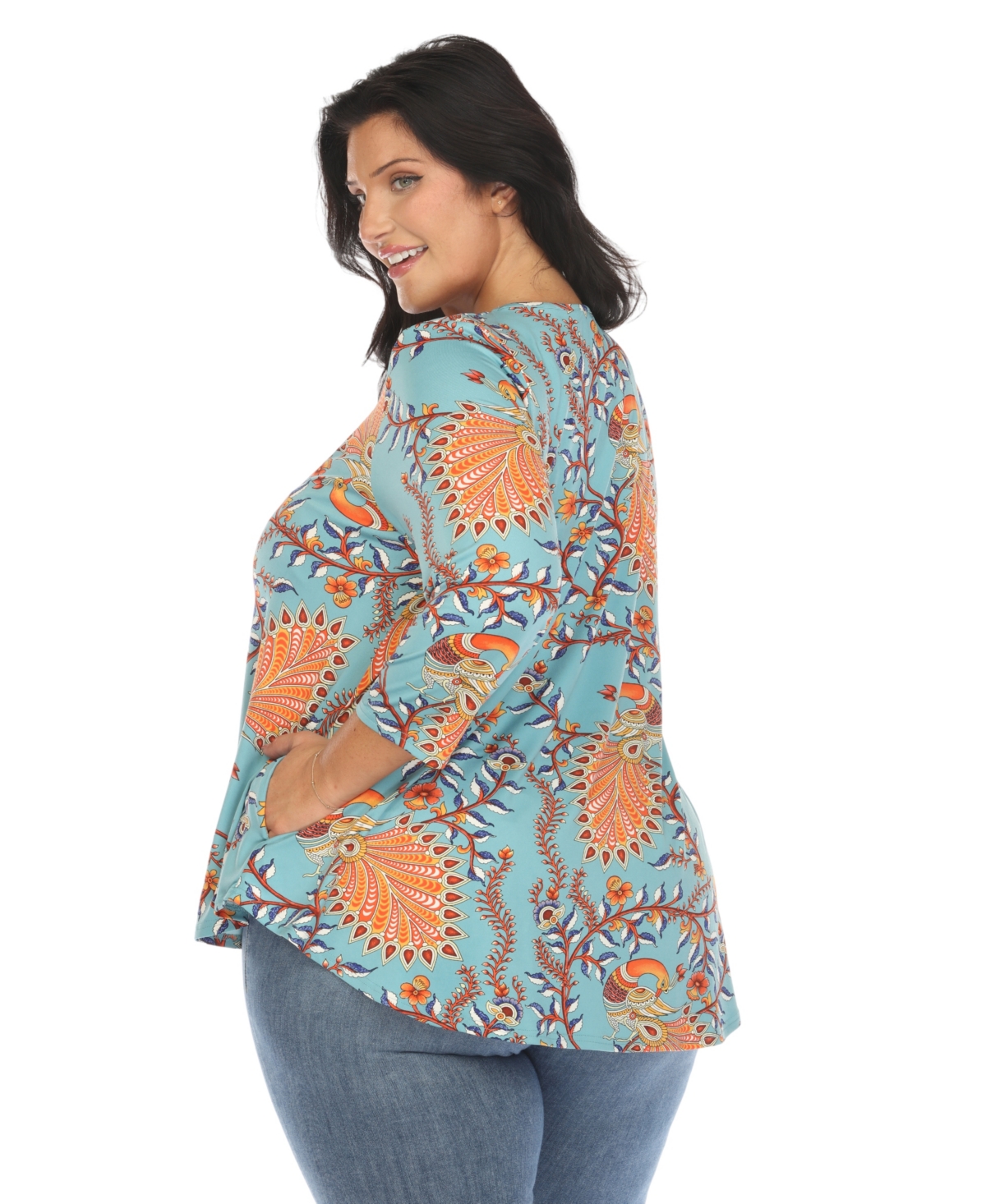 White Mark Plus Size Vibrant Boho Swing Top In Denim Blue