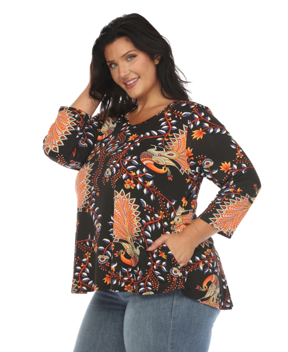 White Mark Plus Size Vibrant Boho Swing Top In Black