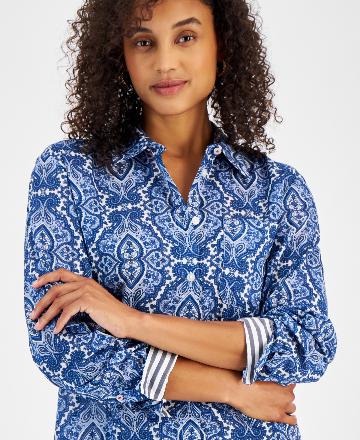 Nautica Jeans Women's Lisboa Cotton Paisley-Print Striped-Cuff Blouse -blue