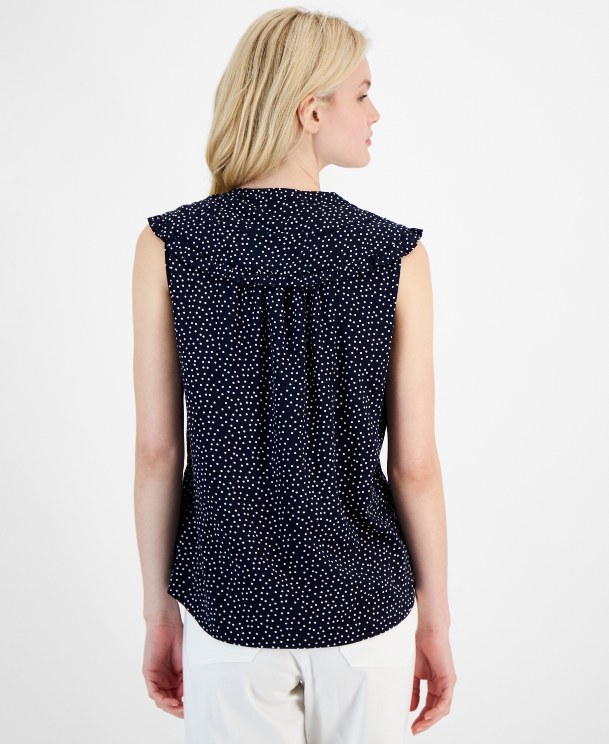 Nautica Jeans Women's Dot-Print Ruffled Sleeveless Blouse -Ivory