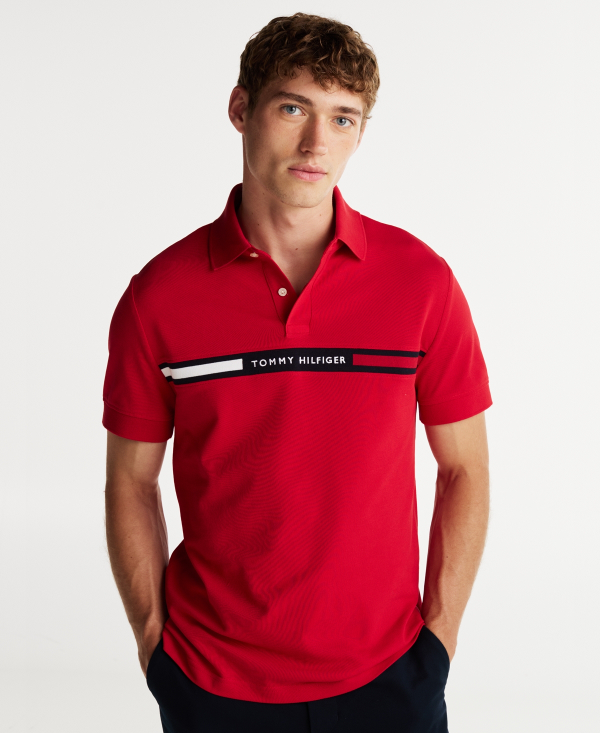 Shop Tommy Hilfiger Men's Short Sleeve Embroidered Chest Stripe Polo Shirt In Medium Red