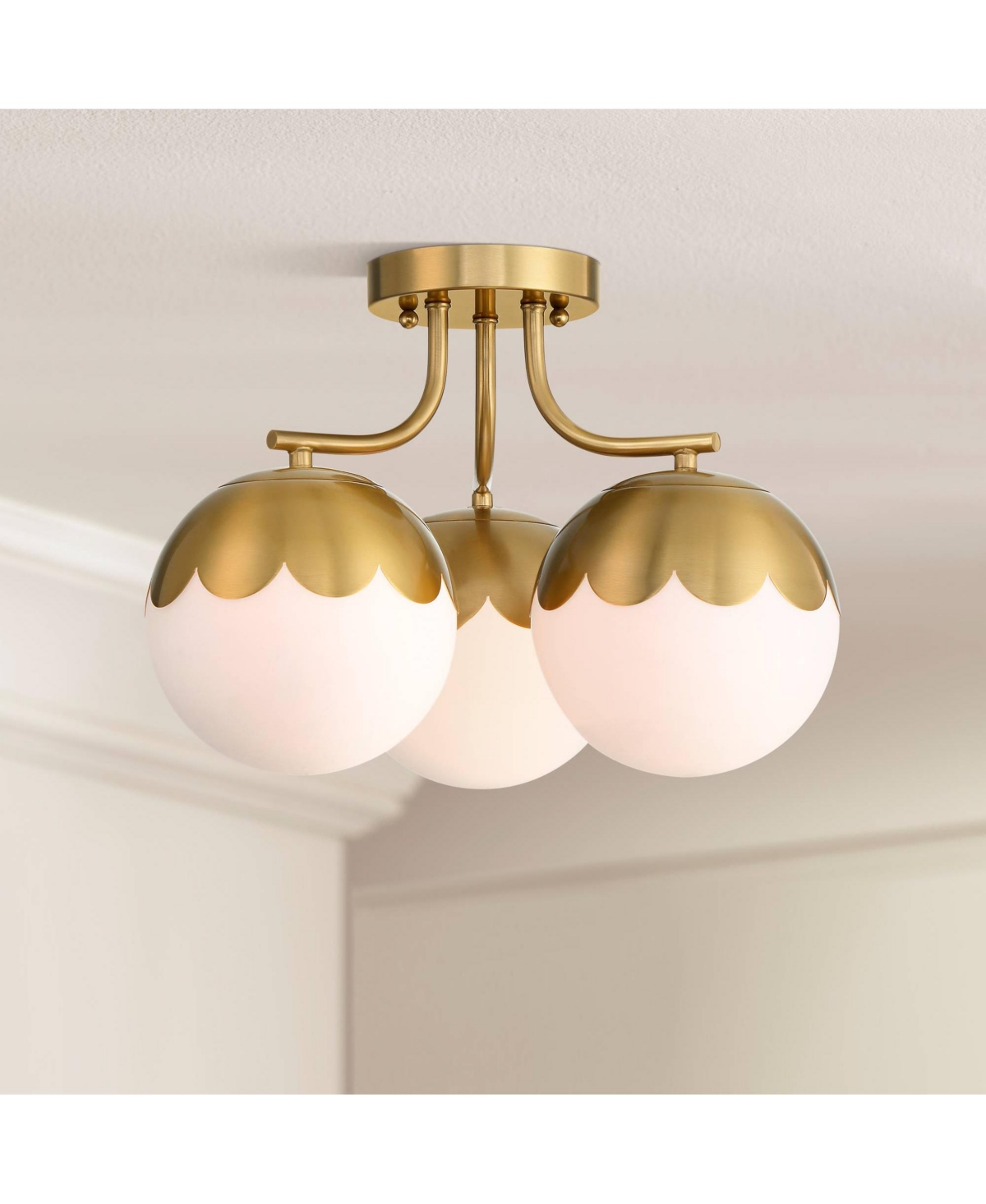 360 Lighting Camila Mid Century Modern Semi Flush-Mount Ceiling Light Fixture Kitchen Foyer Hallway Round 3-LightAntique Brass Finish White