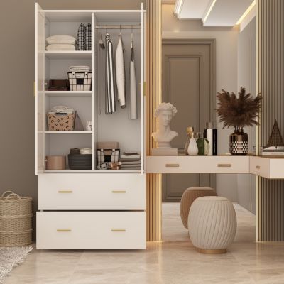 2-Door Armoires and Drawers with Mirror and Storage Shelves