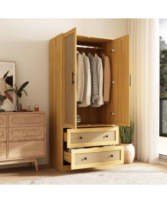 Wardrobe Freestanding Coat Storage Cabinet with 2-Tier Drawers and Hanging Bar