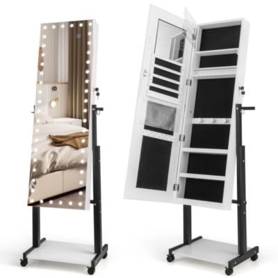 3-Color 46 LED Lights Mirror Jewelry Cabinet Armoire Adjustable Height with Wheels