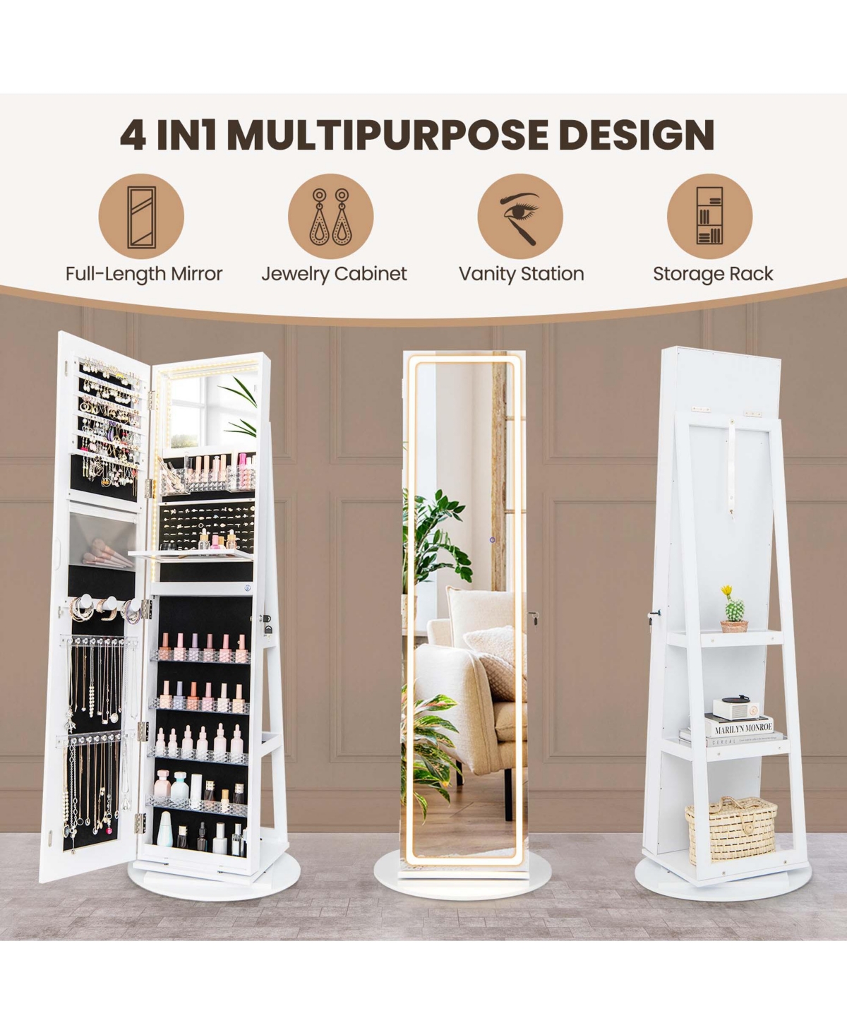 Costway 360° Swivel Jewelry Cabinet Organizer 3-Color Led Mirror with Built-in Lights