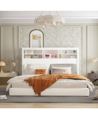 White Bookcase Headboard With Strong Storage And LED Light