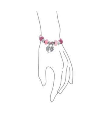 2 Piece Bead Best Friend Sorority Sister BFF Split Heart Multi Charm Bracelet Pink Leather .925 Sterling Silver Barrel Clasp