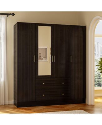 White 4-Door Armoires with Mirror, 2 Hanging Rods, 2-Drawers