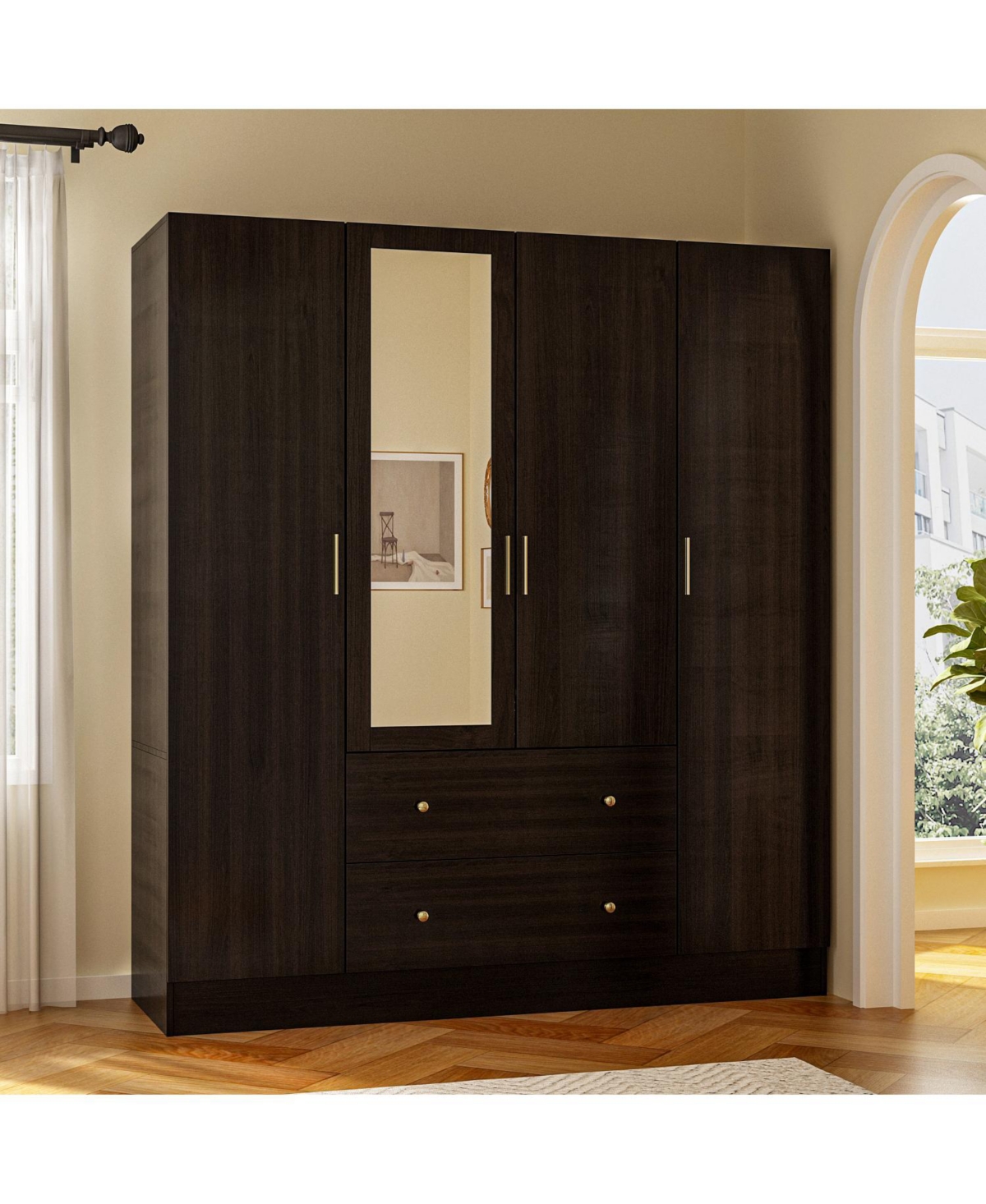 Famapy White 4-Door Armoires with Mirror, 2 Hanging Rods, 2-Drawers