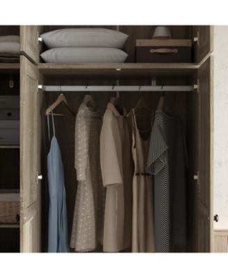 Brown Rattan Doors Wardrobe with 3-Drawers,Hanging Rod,Top Cabinet