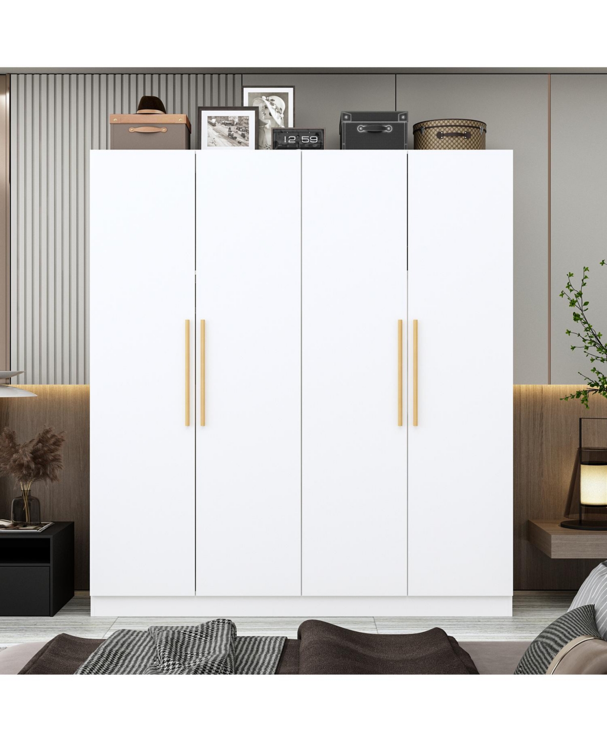 Famapy Gray Wood 4-Door Wardrobe Armoires with Hanging Rod and Storage Shelves