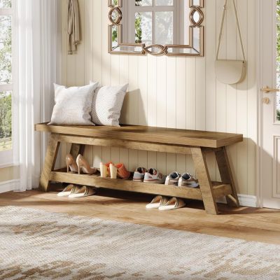 55" Wood Entryway Bench with Shoe Storage, Large 2-Tier Narrow Hallway Foyer Seating Bench