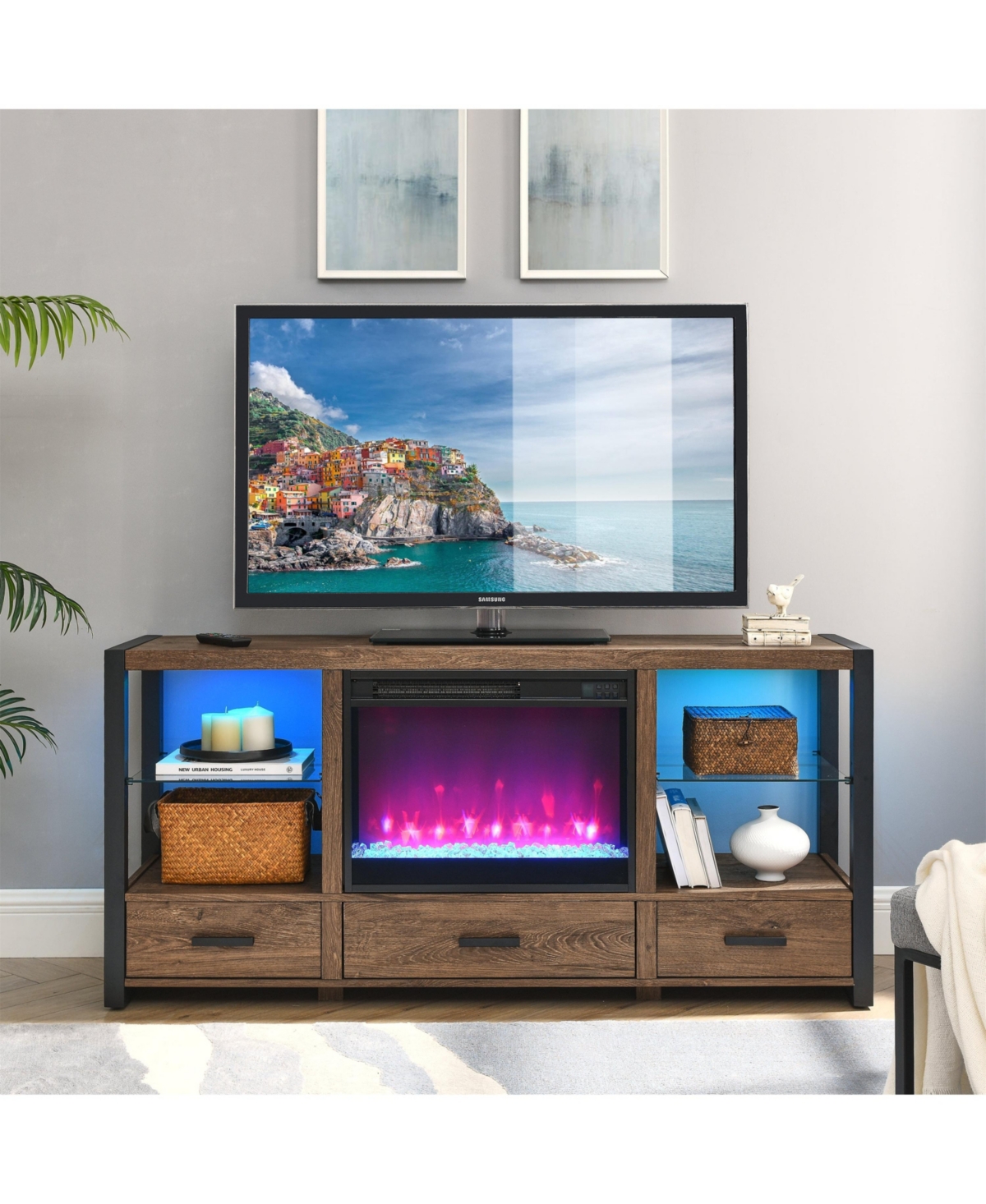 Mondawe Electric Fireplace Media Tv Stand With Sync Colorful Led Lights