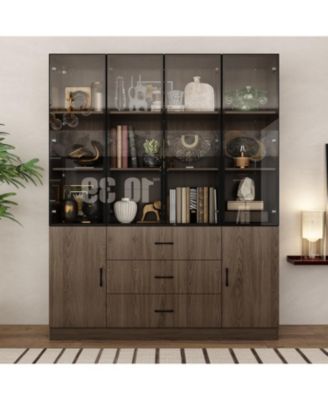 Brown Wood 13-Shelf Standard Bookcase with Pop up Glass Doors