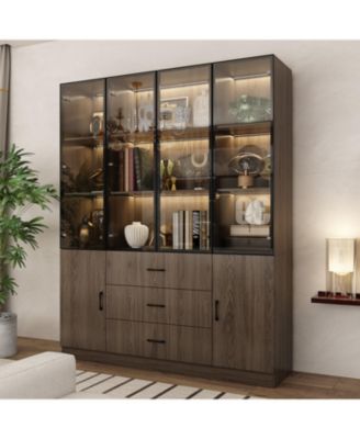 Brown Wood 13-Shelf Standard Bookcase with Pop up Glass Doors