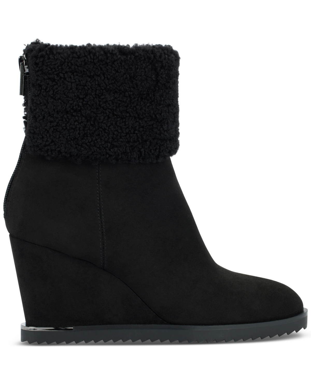 Dkny Powell Faux Shearling Wedge Bootie In Black Suede