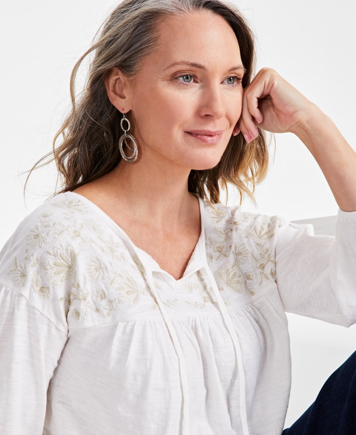 Style & Co Women's Cotton Embroidered Knit Peasant Top, Created for Macy's