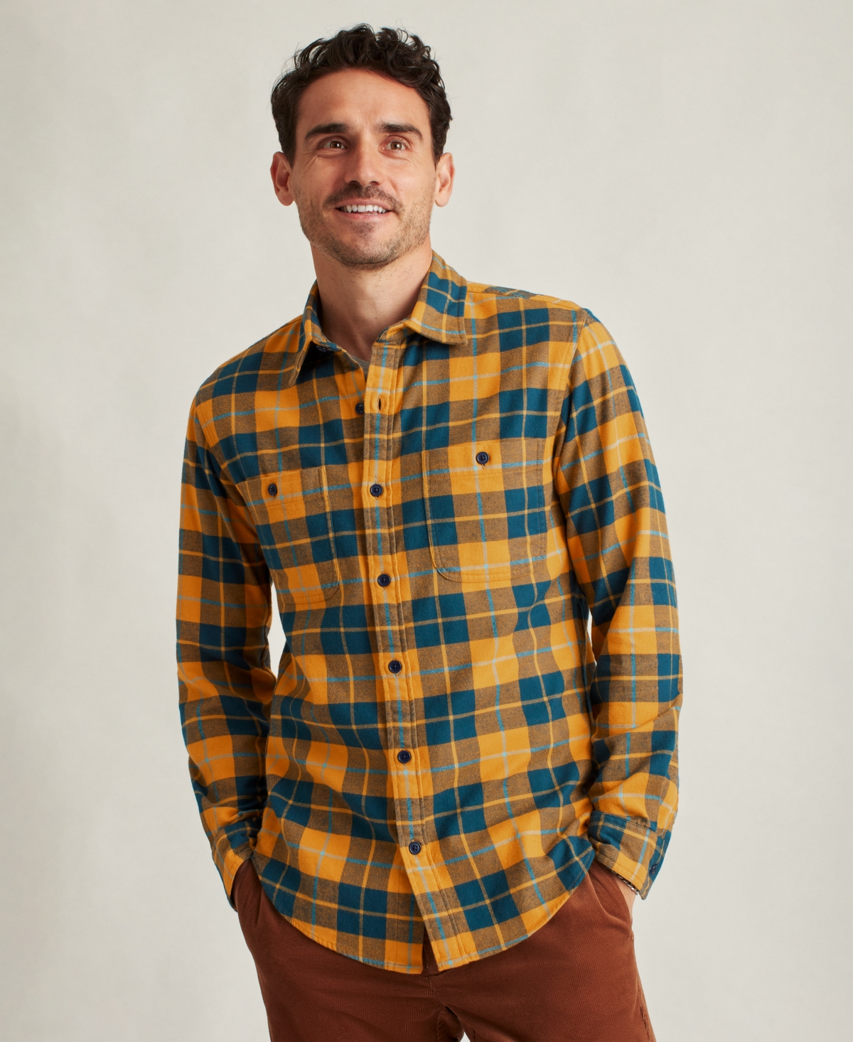 Men's Long Sleeve Button-Down Plaid Shirt - Yellow